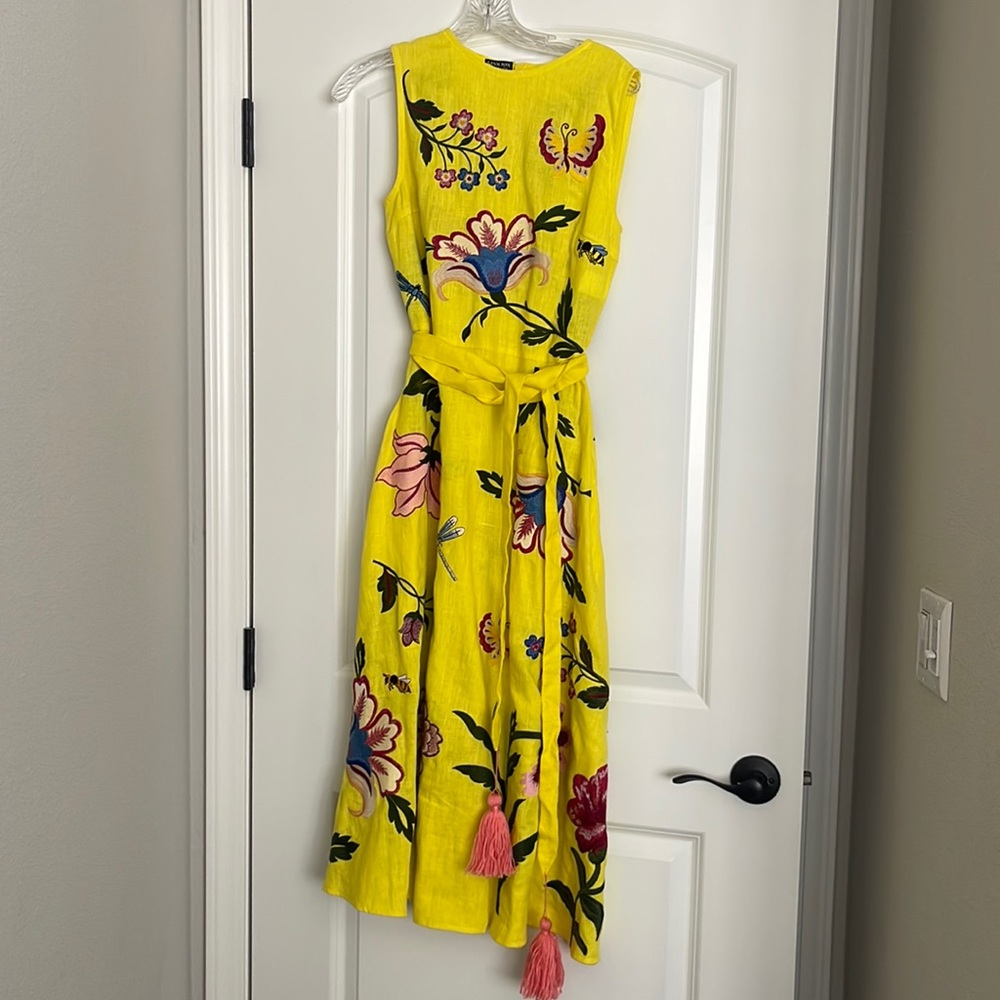 embroidered Fanm Mon linen midi dress (sustainable fashion brand)